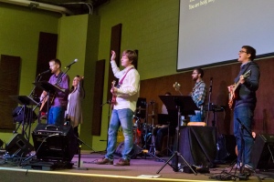 Kristen Gilles and the Sojourn Music band that led worship at Sojourn New Albany's launch service