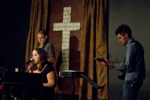 My "All I Have Is Yours" cowriter Rebecca Elliot w/ Sojourn band. "God Gave" liturgical art in background