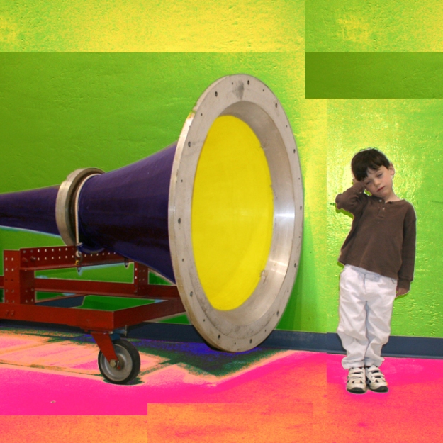 Giant bullhorn in front of child illustrates effect that criticism has on songwriters and other artists
