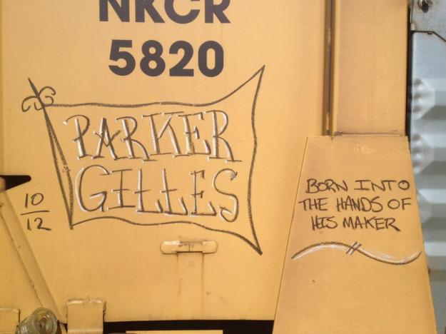 Our railroad conductor friend Alex made railcar markings like this that say "Parker Gilles, born into the hands of his maker on October 21" on 30 railcars that have since traveled all over the east coast