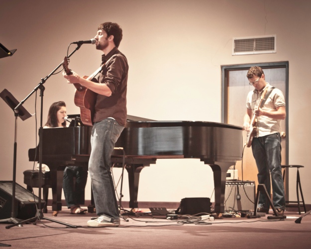 Sojourn worship leaders Kristen Gilles on piano, Chad Watson on acoustic guitar, Mike Cosper on bass guitar